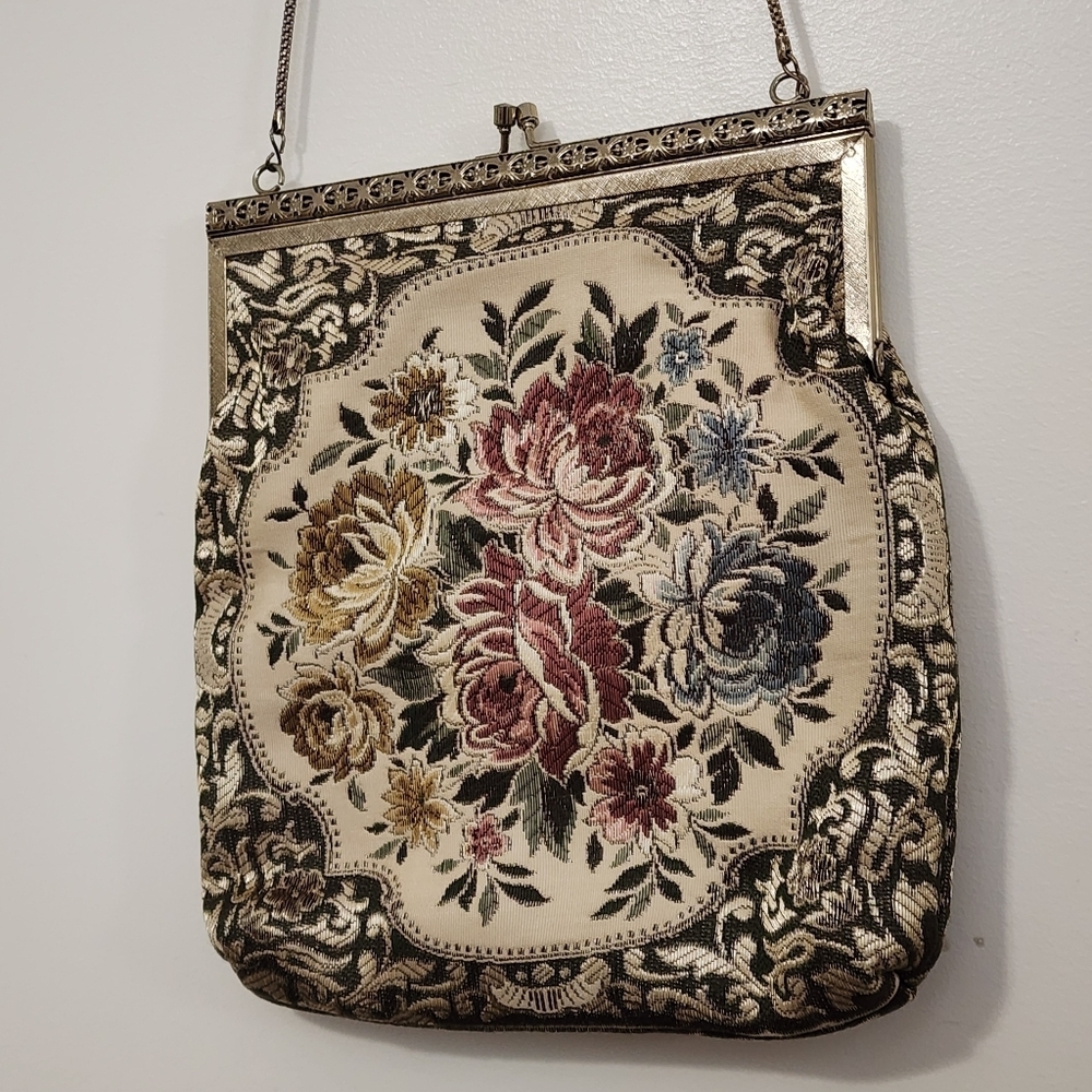 Vintage Floral Needlepoint Kisslock Bag | Made in Hong Kong Rose Metallic Thread